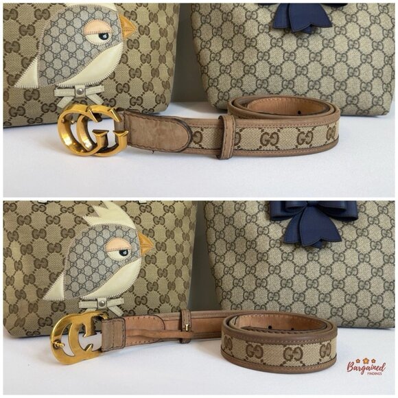 Authentic GUCCI Brown Monogram Canvas Gold double G Buckle Belt 85/34 - Picture 6 of 13